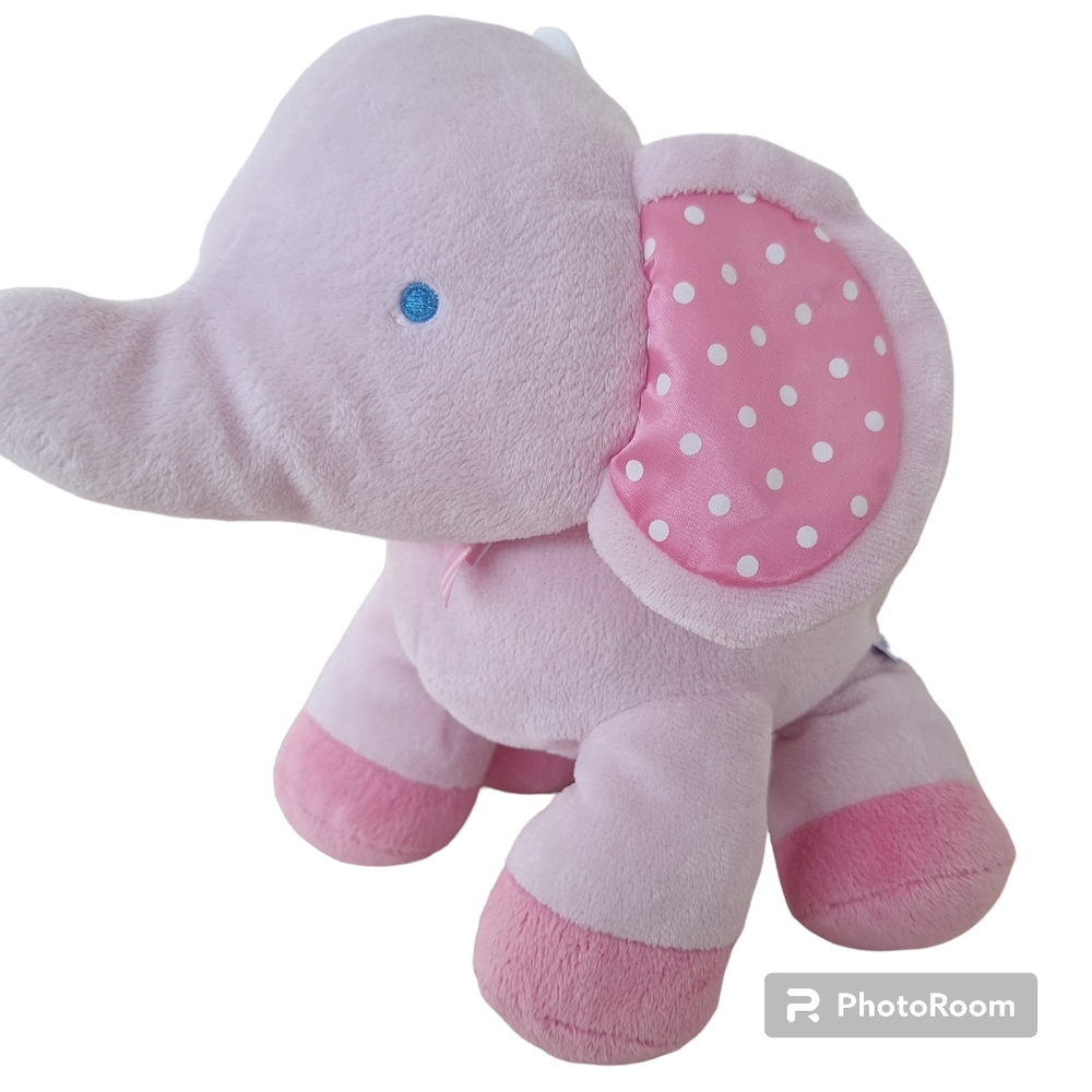 Babies R Us Pink Elephant Plush Stuffed Animal White Polka Dot Ears Striped Bow - Picture 7 of 8